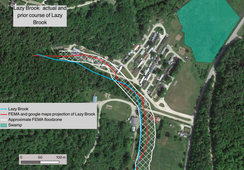 Floodzone with actual and projected course of stream